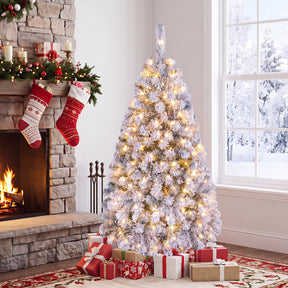 Hikidspace 140CM Pre-lit Snow Flocked Christmas Tree Hinged Xmas Decor w/Metal Stand Party