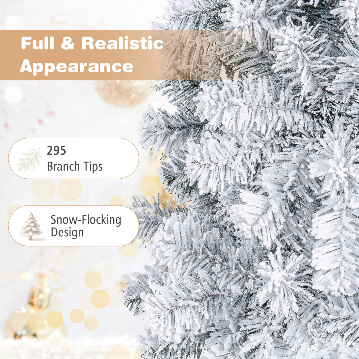 Hikidspace 140CM Pre-lit Snow Flocked Christmas Tree Hinged Xmas Decor w/Metal Stand Party