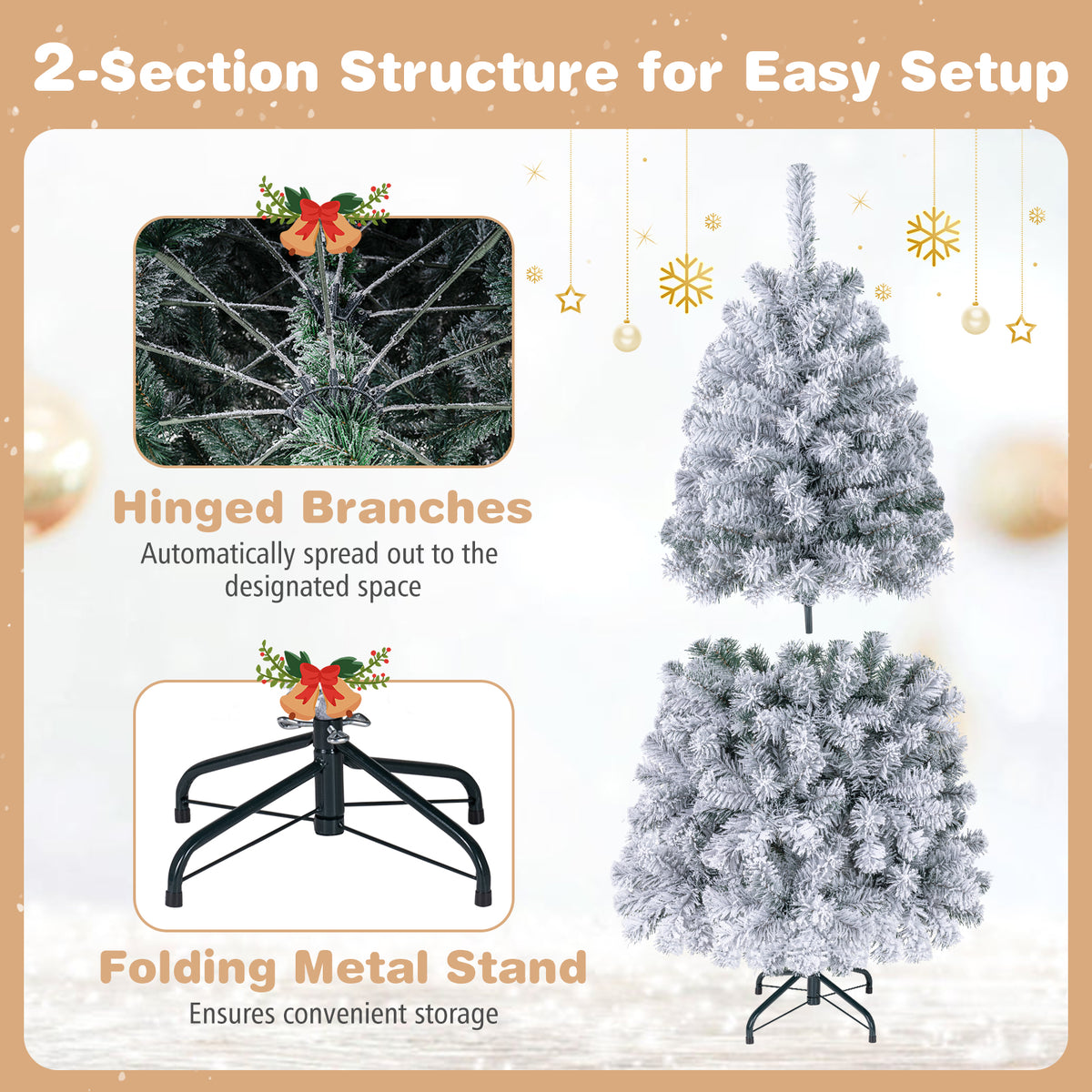 Hikidspace 140CM Pre-lit Snow Flocked Christmas Tree Hinged Xmas Decor w/Metal Stand Party