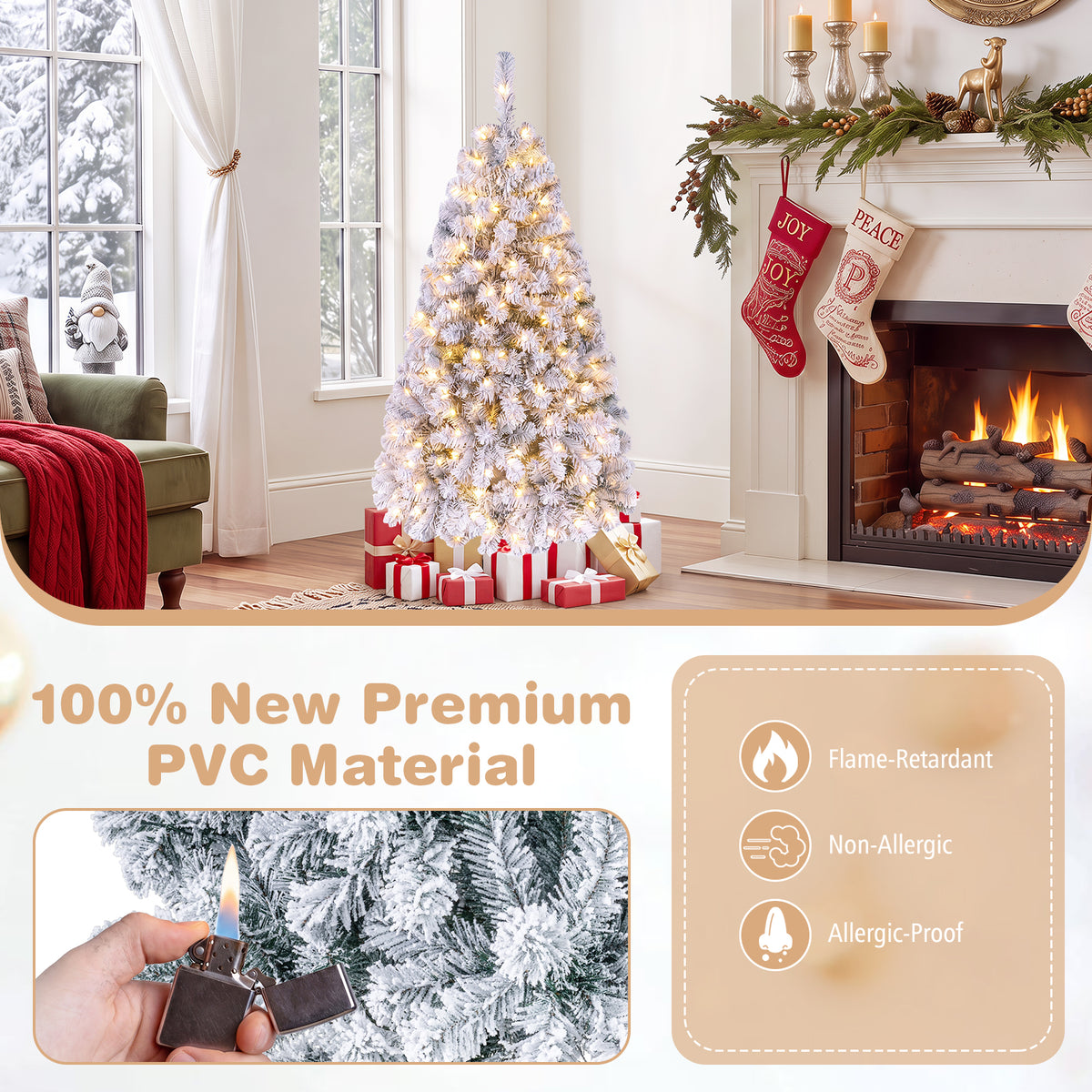 Hikidspace 140CM Pre-lit Snow Flocked Christmas Tree Hinged Xmas Decor w/Metal Stand Party