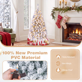 Hikidspace 140CM Pre-lit Snow Flocked Christmas Tree Hinged Xmas Decor w/Metal Stand Party
