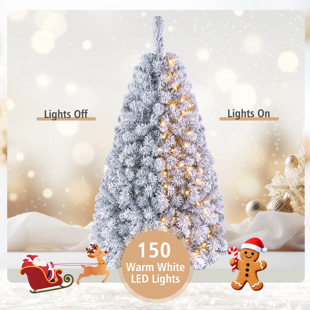 Hikidspace 140CM Pre-lit Snow Flocked Christmas Tree Hinged Xmas Decor w/Metal Stand Party