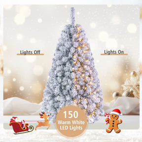 Hikidspace 140CM Pre-lit Snow Flocked Christmas Tree Hinged Xmas Decor w/Metal Stand Party