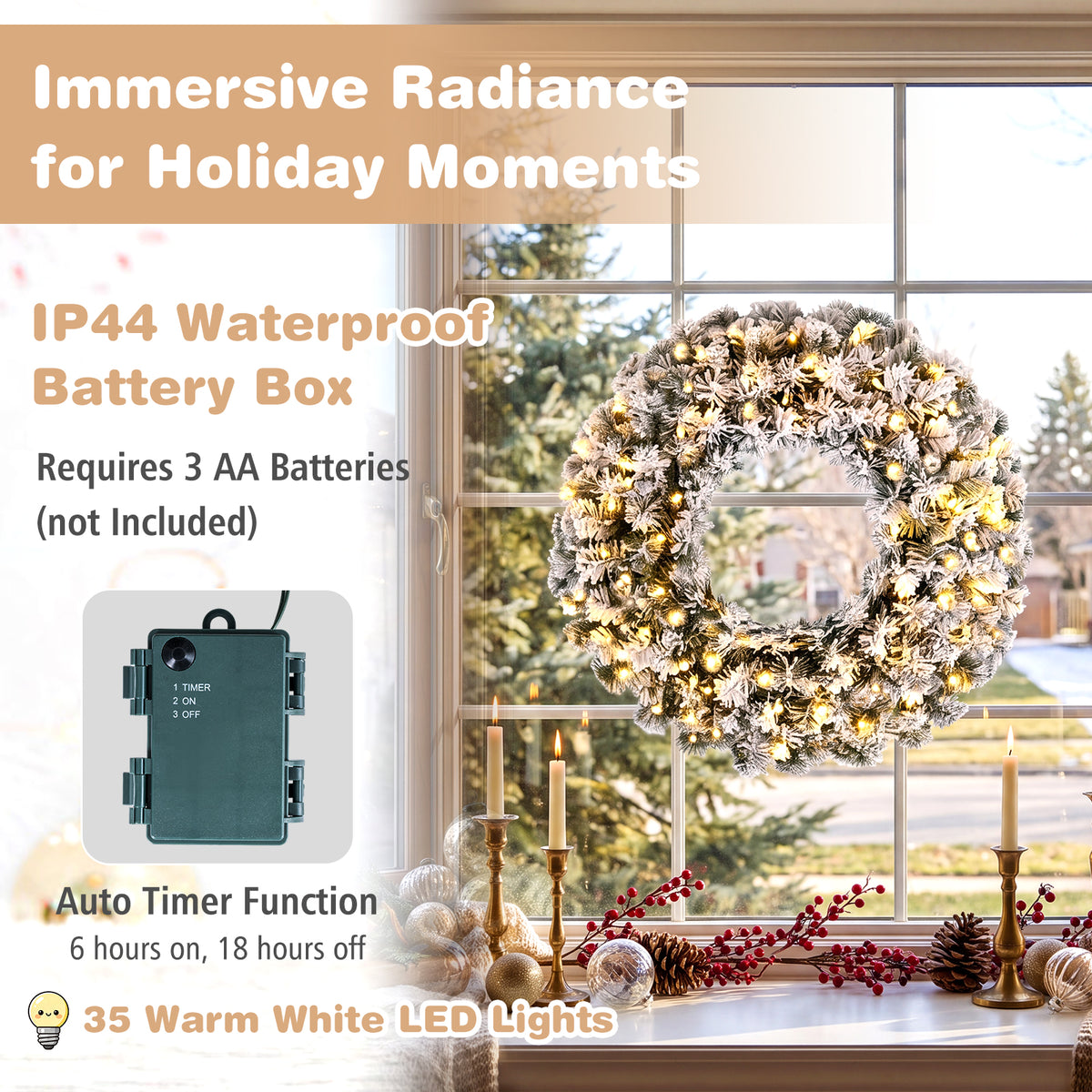 Hikidspace 61CM Flocked Christmas Wreath with Timer for Front Door