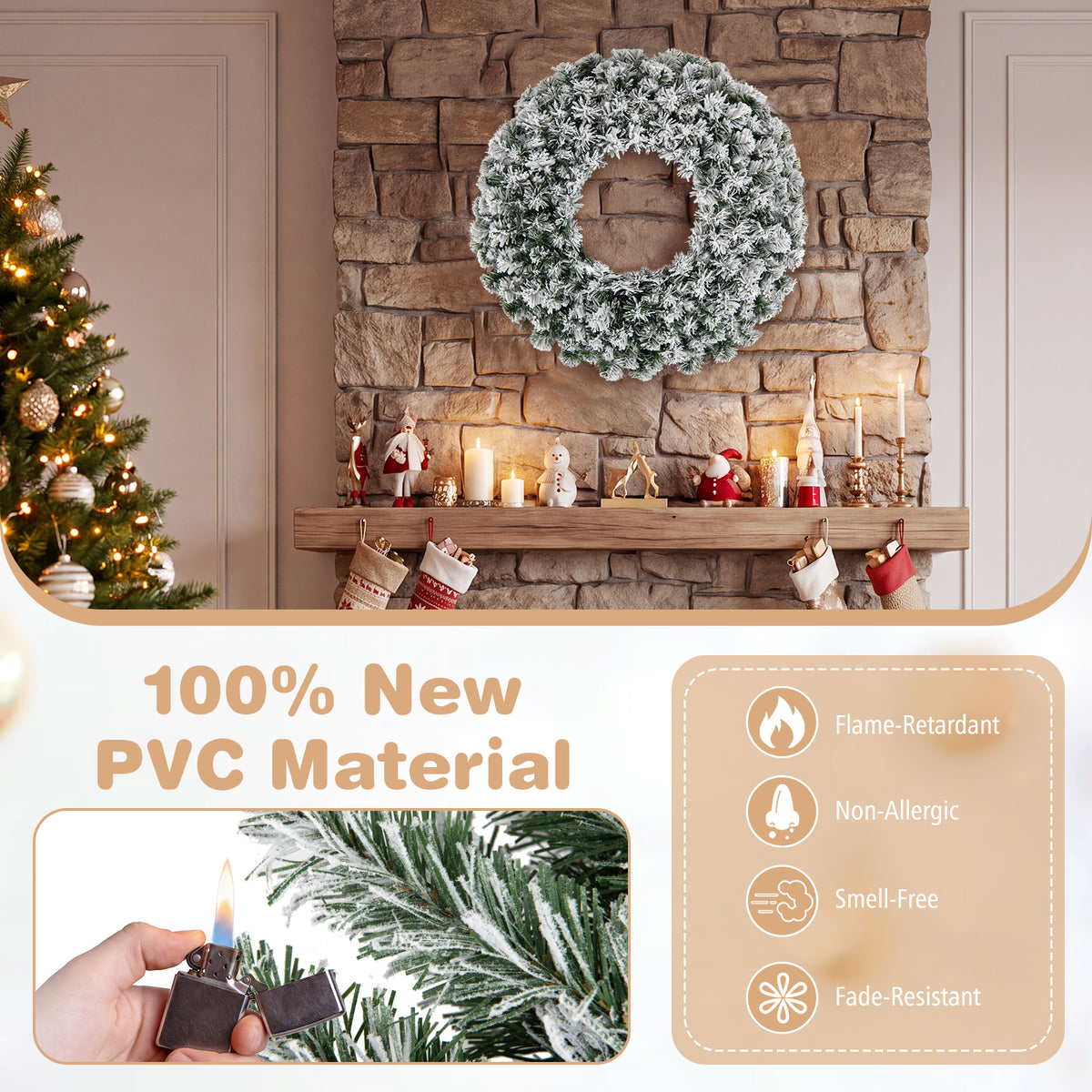 Hikidspace 61CM Flocked Christmas Wreath with Timer for Front Door