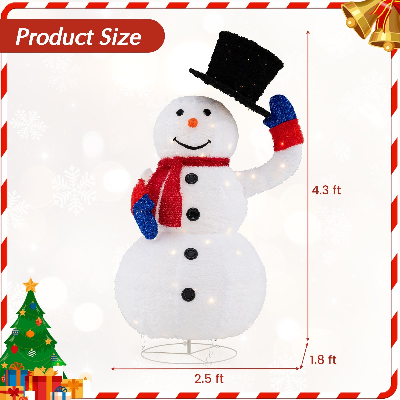 130CM Pre-Lit Christmas Snowman with 120 Built-in LED Lights, Xmas Snowman w/ Up/Down Swing Hat, Timer, Zip Ties & Ground Stakes