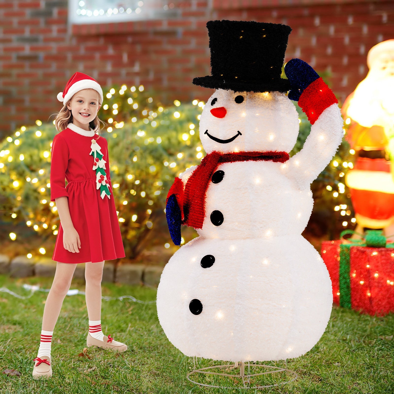 130CM Pre-Lit Christmas Snowman with 120 Built-in LED Lights, Xmas Snowman w/ Up/Down Swing Hat, Timer, Zip Ties & Ground Stakes