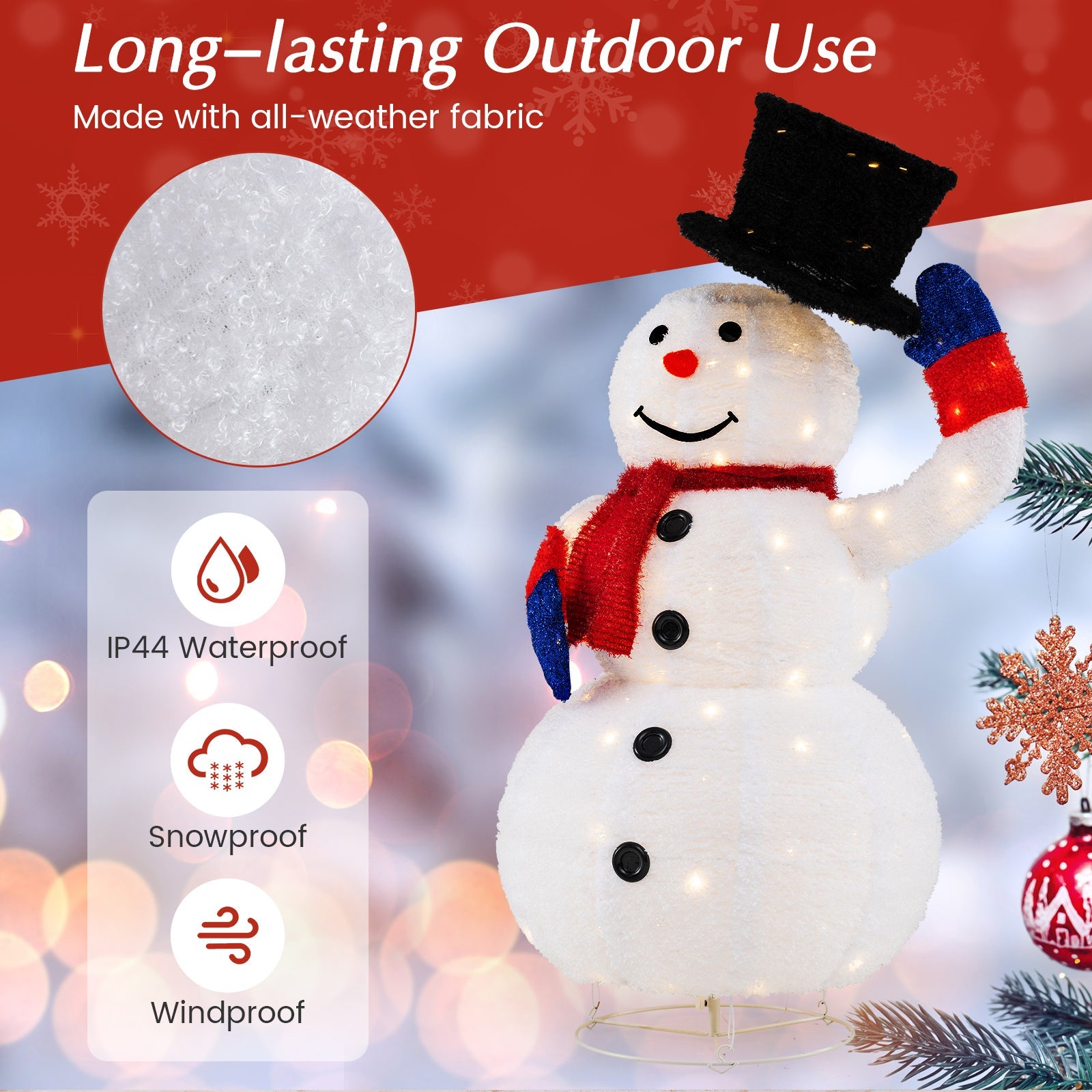 130CM Pre-Lit Christmas Snowman with 120 Built-in LED Lights, Xmas Snowman w/ Up/Down Swing Hat, Timer, Zip Ties & Ground Stakes