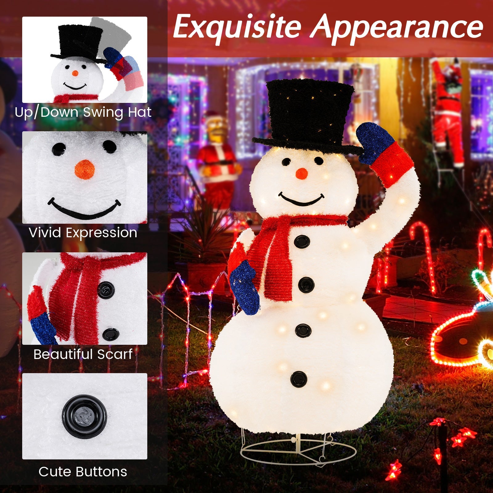 130CM Pre-Lit Christmas Snowman with 120 Built-in LED Lights, Xmas Snowman w/ Up/Down Swing Hat, Timer, Zip Ties & Ground Stakes