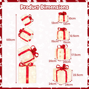 Christmas Lighted Gift Boxes, Set of 4 Stackable Gift Box Decorations with 8 Mode LED Lights & Red Bows