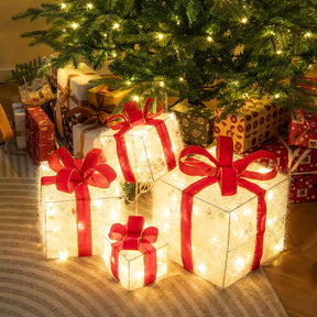 Christmas Lighted Gift Boxes, Set of 4 Stackable Gift Box Decorations with 8 Mode LED Lights & Red Bows