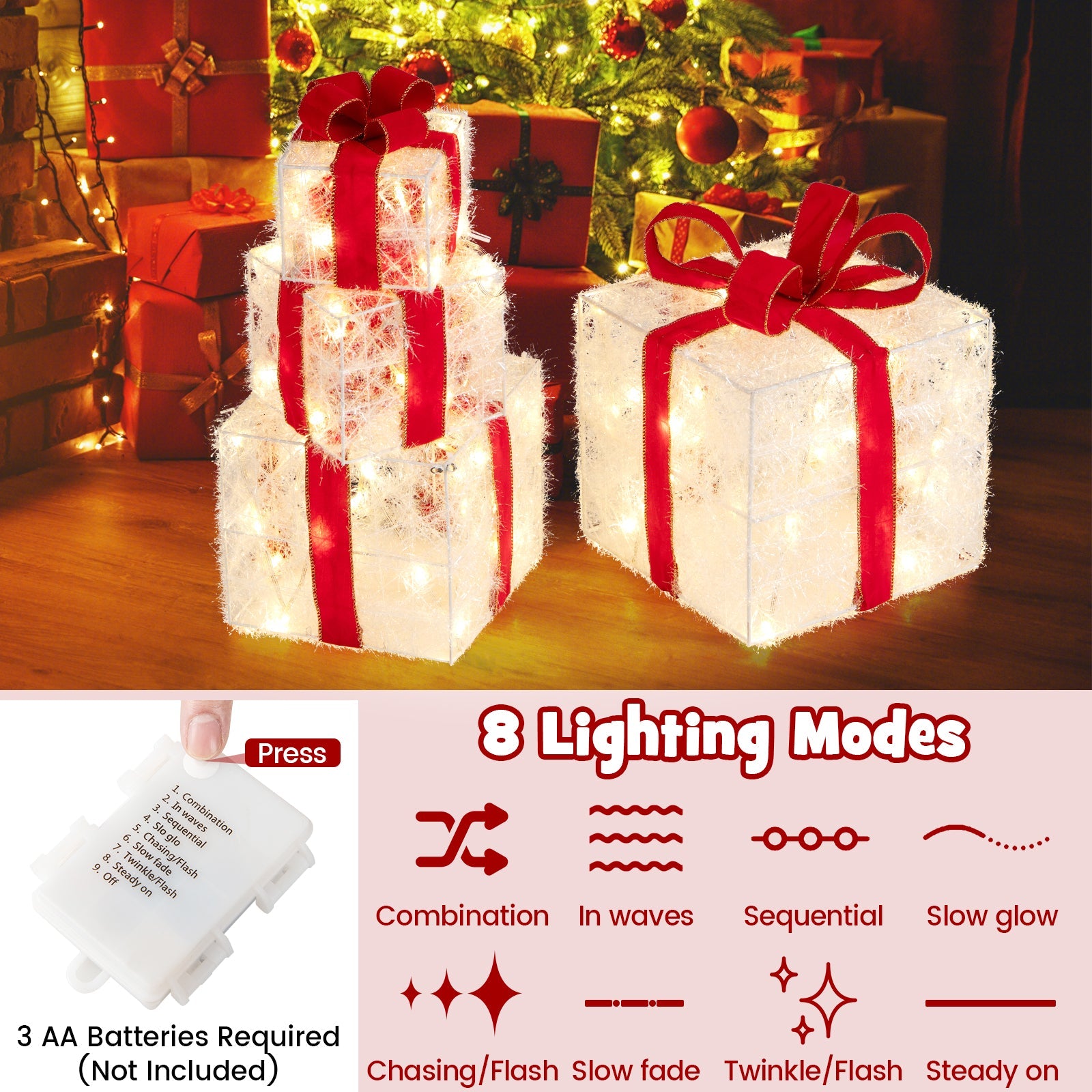 Christmas Lighted Gift Boxes, Set of 4 Stackable Gift Box Decorations with 8 Mode LED Lights & Red Bows