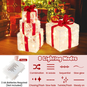 Christmas Lighted Gift Boxes, Set of 4 Stackable Gift Box Decorations with 8 Mode LED Lights & Red Bows
