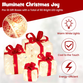 Christmas Lighted Gift Boxes, Set of 4 Stackable Gift Box Decorations with 8 Mode LED Lights & Red Bows