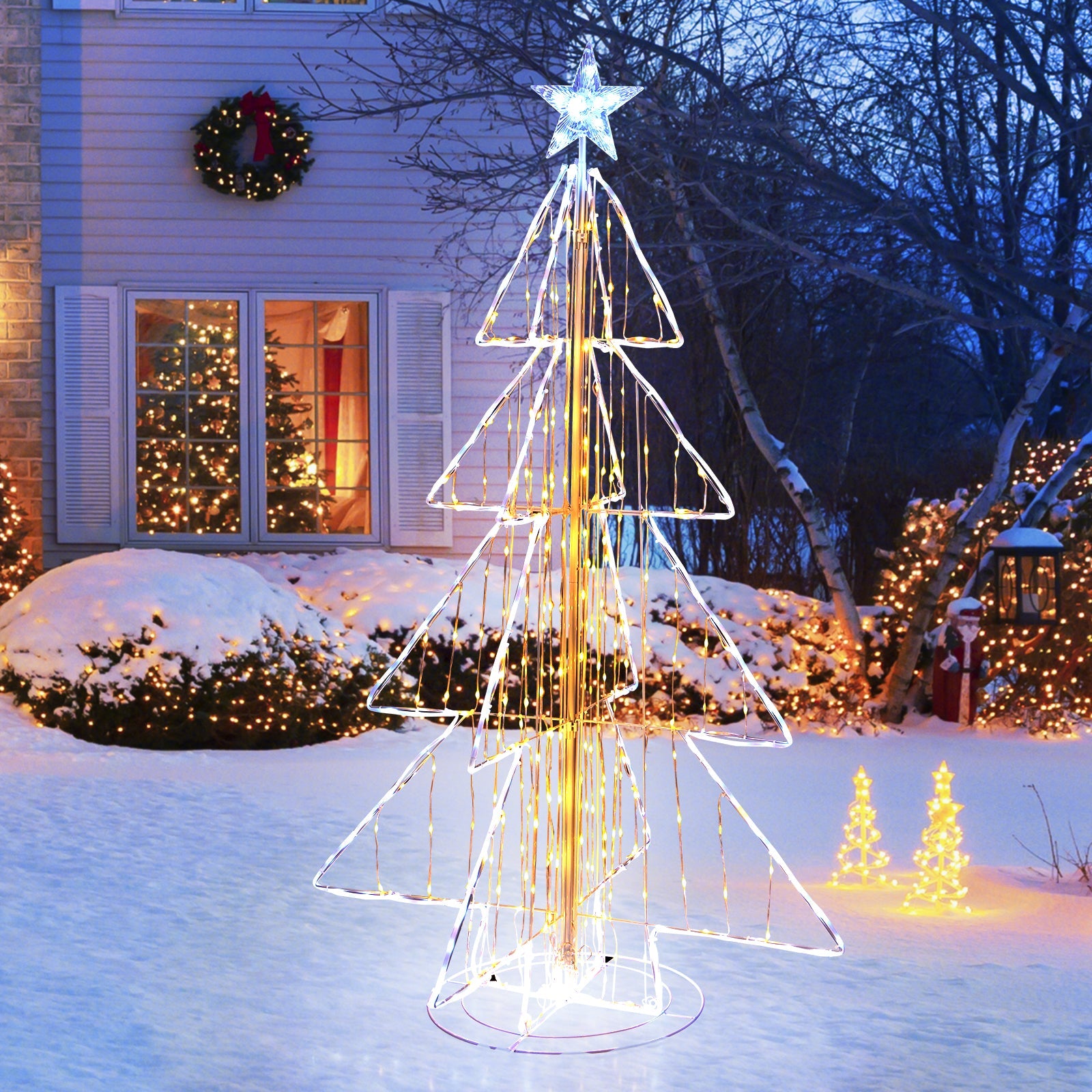 152CM Animated Christmas Tree, Pre-Lit Festive Tree w/ 252 Warm & 202 Cold LED Lights, Zip Ties & Stakes Included, Indoor Outdoor Lighted Christmas Cone Tree