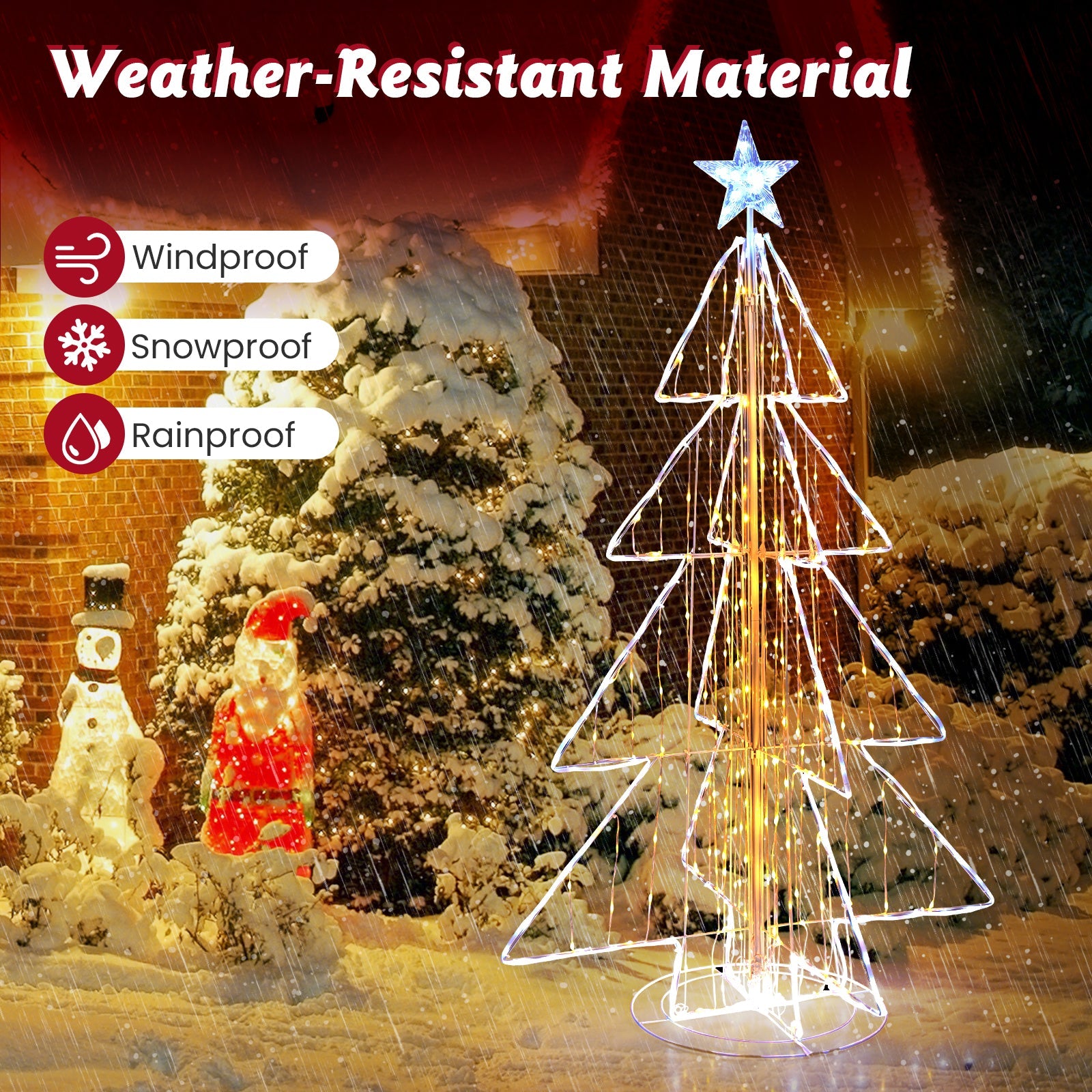 152CM Animated Christmas Tree, Pre-Lit Festive Tree w/ 252 Warm & 202 Cold LED Lights, Zip Ties & Stakes Included, Indoor Outdoor Lighted Christmas Cone Tree