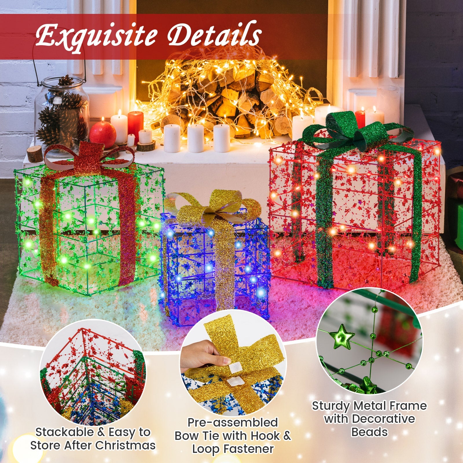 Christmas Lighted Gift Boxes, Set of 3 Present Boxes with Pre-Made Bow & Flashing Colorful LED Lights