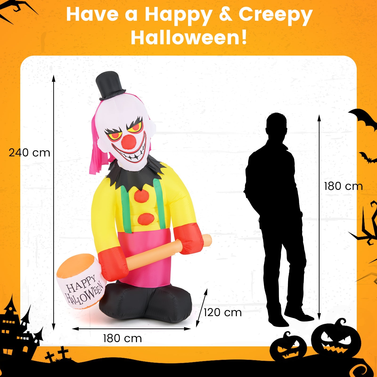 240 CM Giant Halloween Inflatables, Head Turning Clown with Hammer