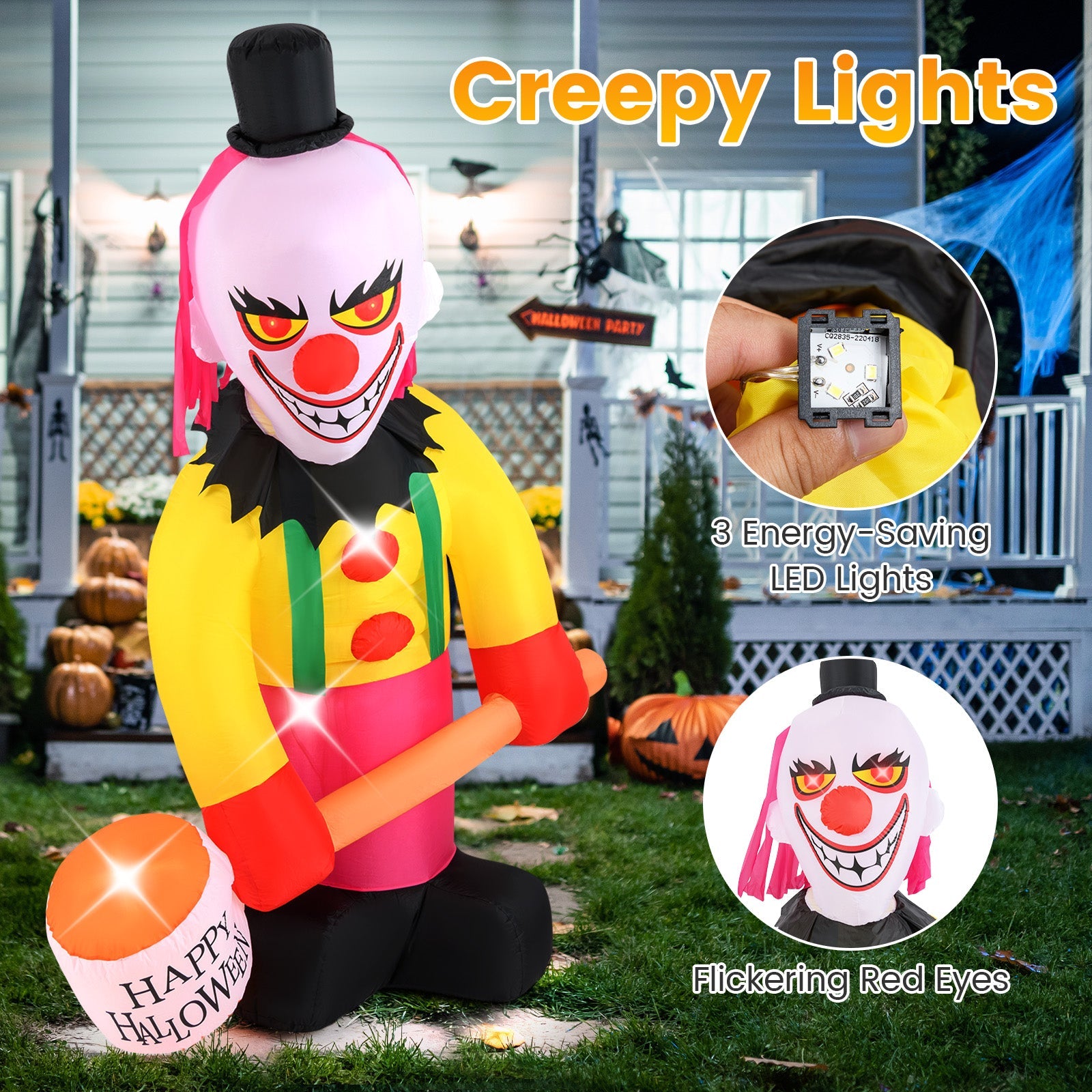 240 CM Giant Halloween Inflatables, Head Turning Clown with Hammer