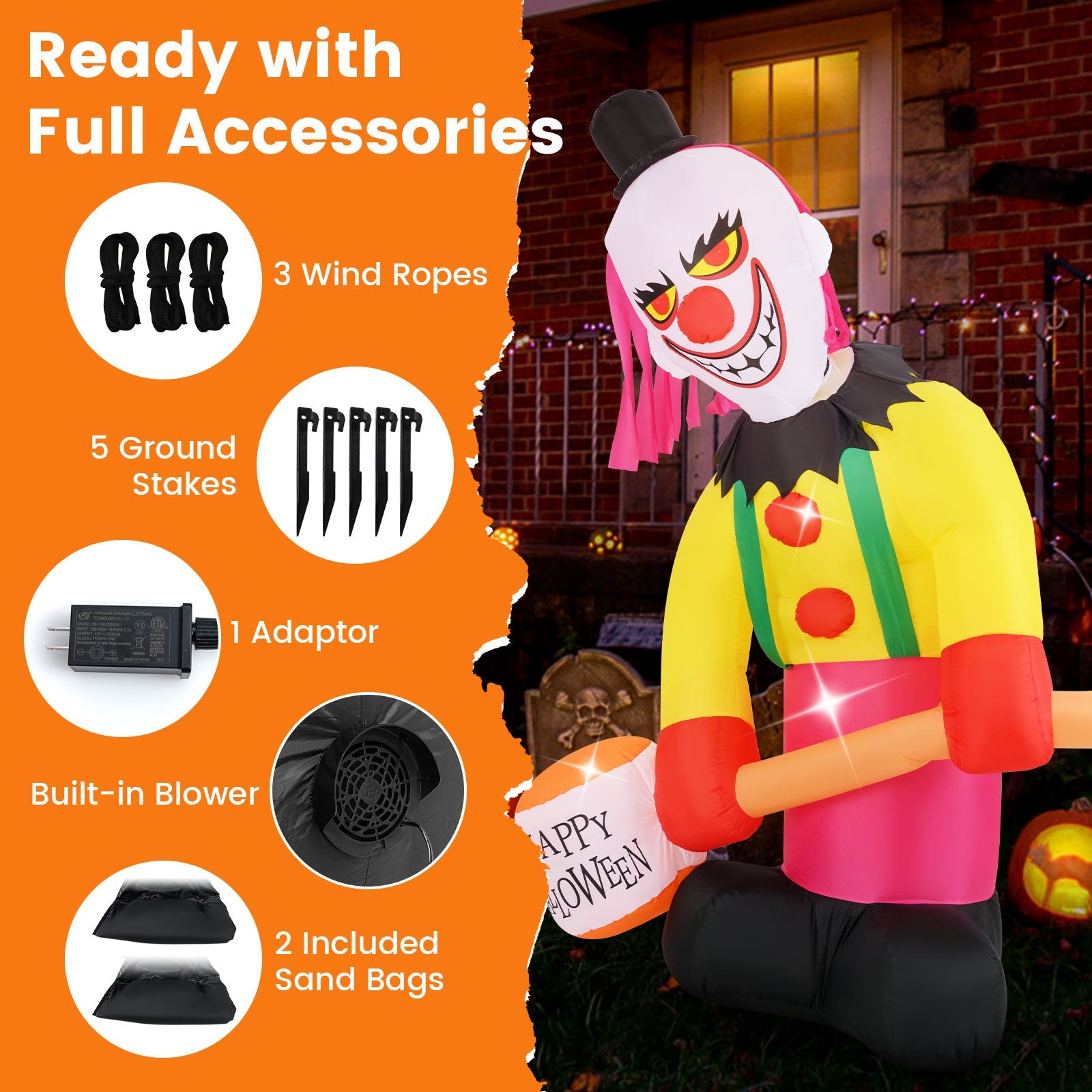 240 CM Giant Halloween Inflatables, Head Turning Clown with Hammer