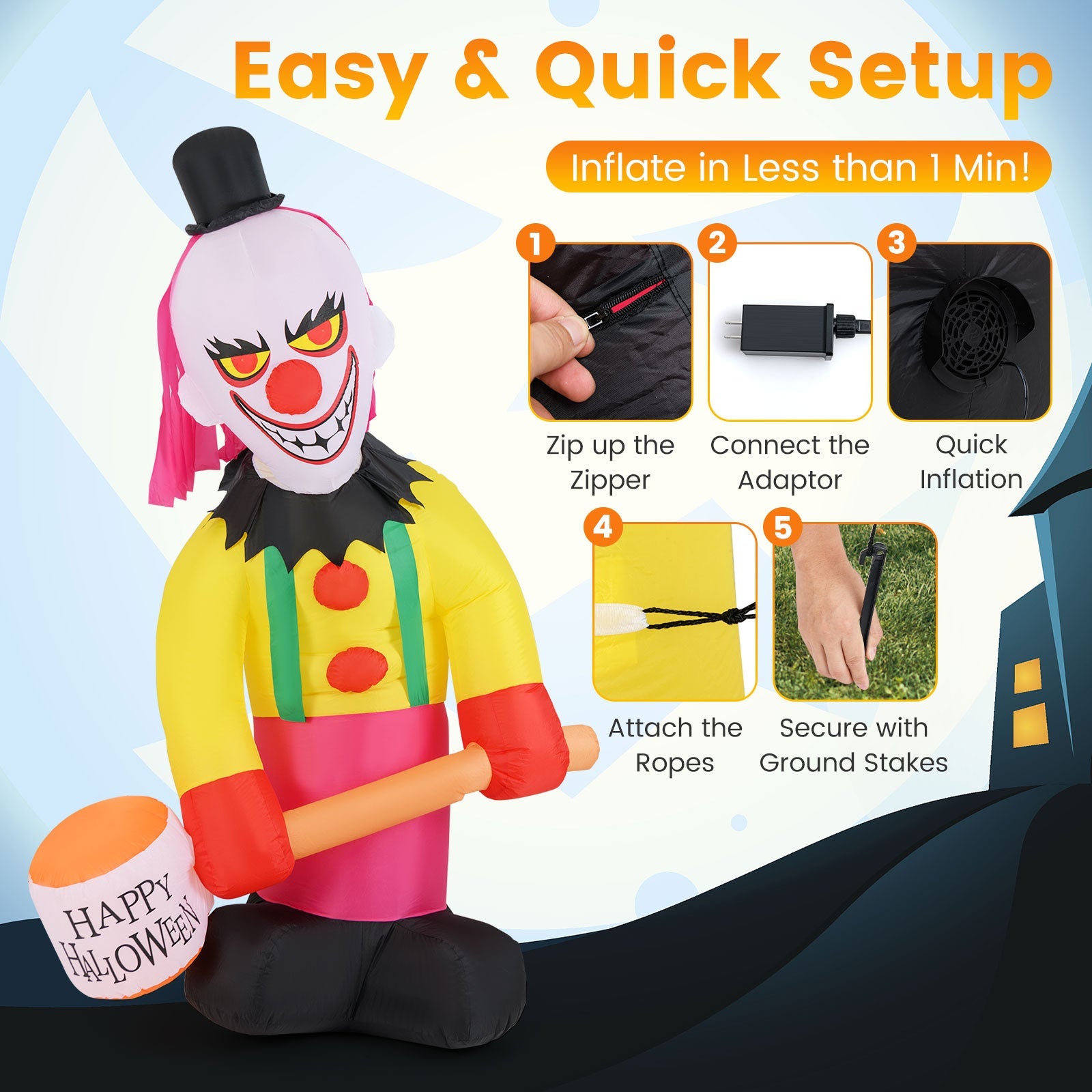 240 CM Giant Halloween Inflatables, Head Turning Clown with Hammer