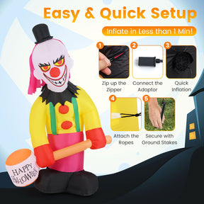 240 CM Giant Halloween Inflatables, Head Turning Clown with Hammer