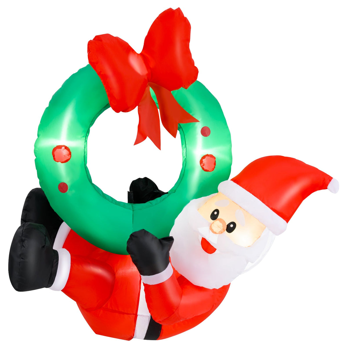 120 CM Inflatable Santa Claus Wreath, Christmas Pre-Lit Santa & Wreath w/ Red Bow & 5 LED Lights