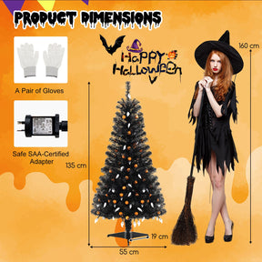 135CM Artificial Halloween Tree, Black Christmas Tree w/ 281 Branch Tips, 65 Orange Pumpkin Lights & 65 Cold White Ghost Lights