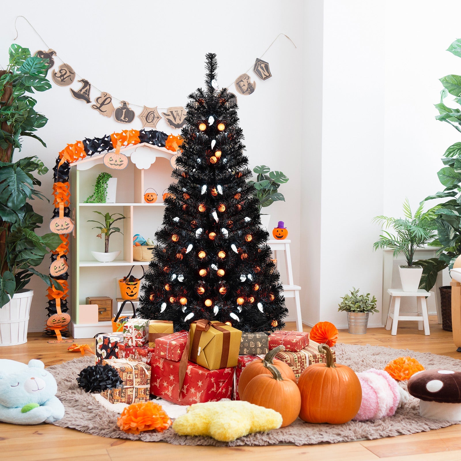 135CM Artificial Halloween Tree, Black Christmas Tree w/ 281 Branch Tips, 65 Orange Pumpkin Lights & 65 Cold White Ghost Lights
