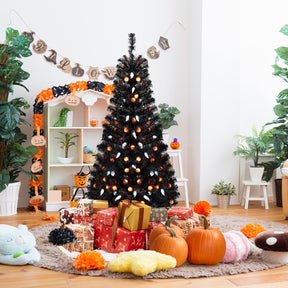135CM Artificial Halloween Tree, Black Christmas Tree w/ 281 Branch Tips, 65 Orange Pumpkin Lights & 65 Cold White Ghost Lights