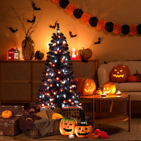 135CM Artificial Halloween Tree, Black Christmas Tree w/ 281 Branch Tips, 65 Orange Pumpkin Lights & 65 Cold White Ghost Lights