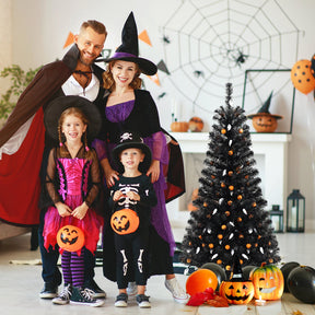 135CM Artificial Halloween Tree, Black Christmas Tree w/ 281 Branch Tips, 65 Orange Pumpkin Lights & 65 Cold White Ghost Lights