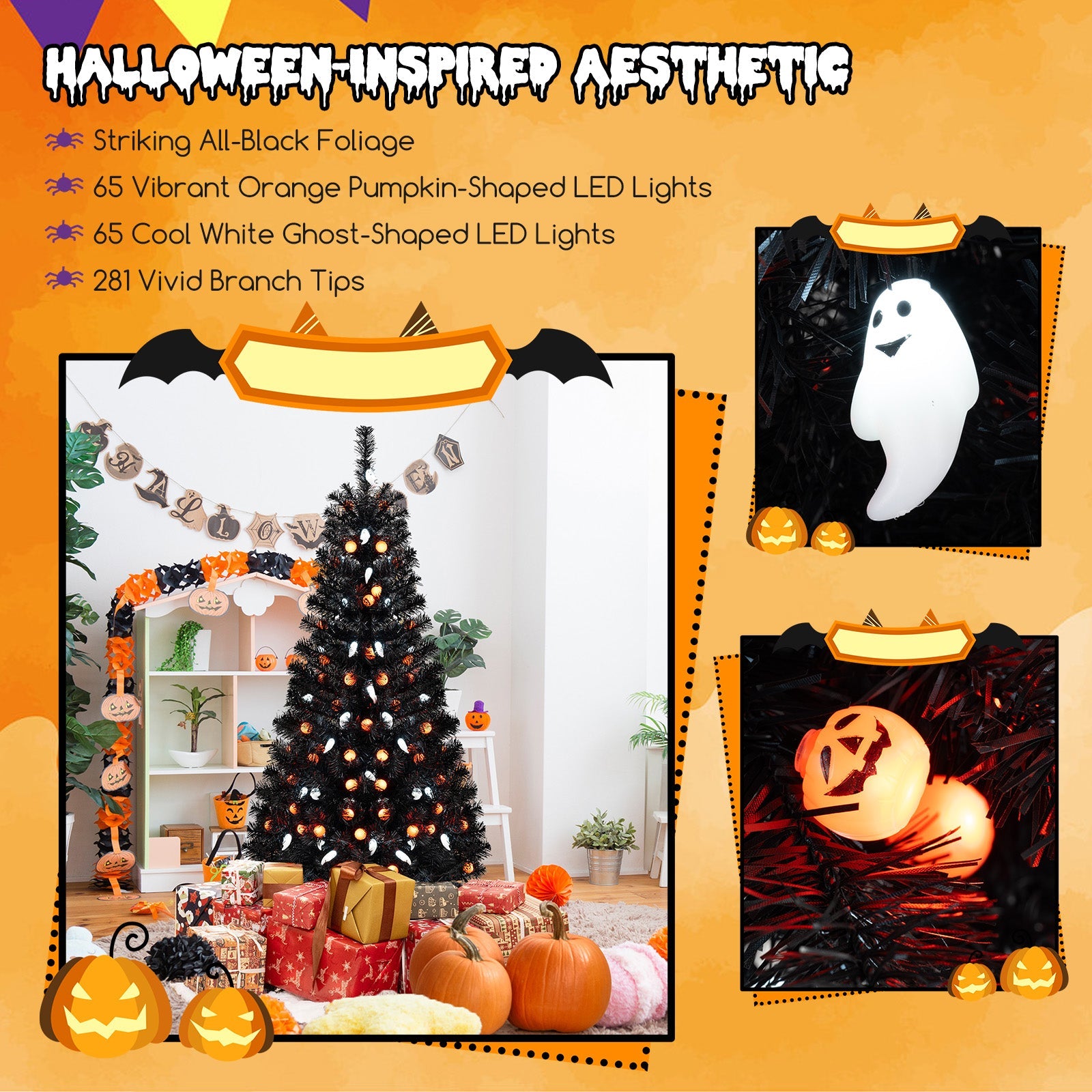 135CM Artificial Halloween Tree, Black Christmas Tree w/ 281 Branch Tips, 65 Orange Pumpkin Lights & 65 Cold White Ghost Lights