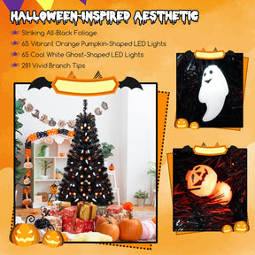 135CM Artificial Halloween Tree, Black Christmas Tree w/ 281 Branch Tips, 65 Orange Pumpkin Lights & 65 Cold White Ghost Lights
