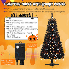 135CM Artificial Halloween Tree, Black Christmas Tree w/ 281 Branch Tips, 65 Orange Pumpkin Lights & 65 Cold White Ghost Lights