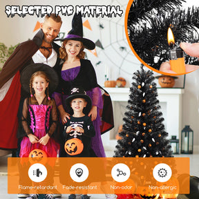 135CM Artificial Halloween Tree, Black Christmas Tree w/ 281 Branch Tips, 65 Orange Pumpkin Lights & 65 Cold White Ghost Lights