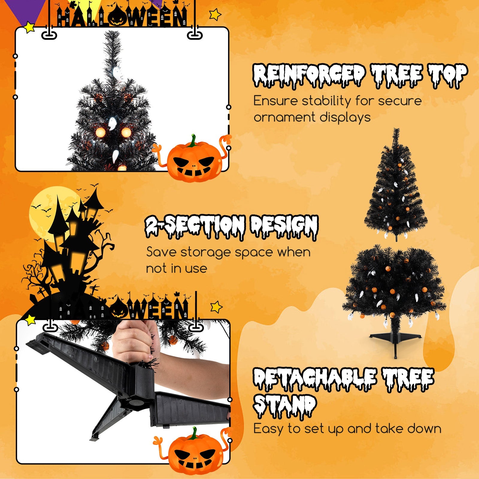 135CM Artificial Halloween Tree, Black Christmas Tree w/ 281 Branch Tips, 65 Orange Pumpkin Lights & 65 Cold White Ghost Lights