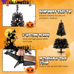 135CM Artificial Halloween Tree, Black Christmas Tree w/ 281 Branch Tips, 65 Orange Pumpkin Lights & 65 Cold White Ghost Lights