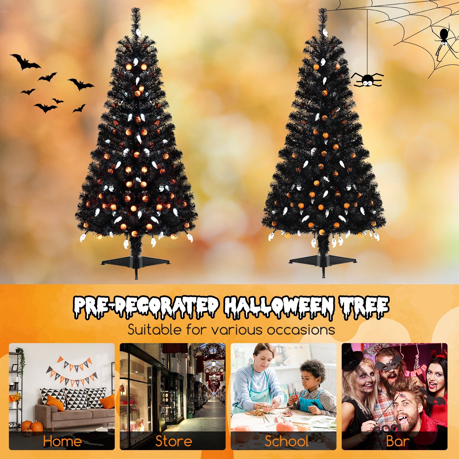 135CM Artificial Halloween Tree, Black Christmas Tree w/ 281 Branch Tips, 65 Orange Pumpkin Lights & 65 Cold White Ghost Lights