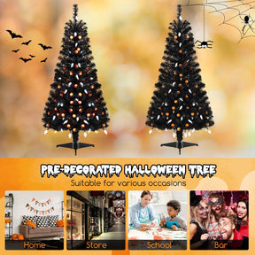 135CM Artificial Halloween Tree, Black Christmas Tree w/ 281 Branch Tips, 65 Orange Pumpkin Lights & 65 Cold White Ghost Lights