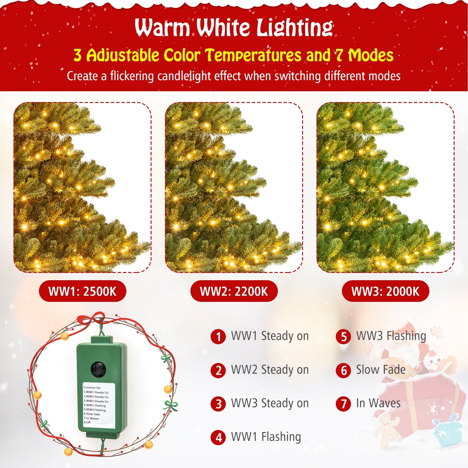 180 CM Pre-Lit Artificial Christmas Tree, Hinged Xmas Full Tree w/ 3 Color Temperatures, 7 Modes, 400 Warm White LED Lights