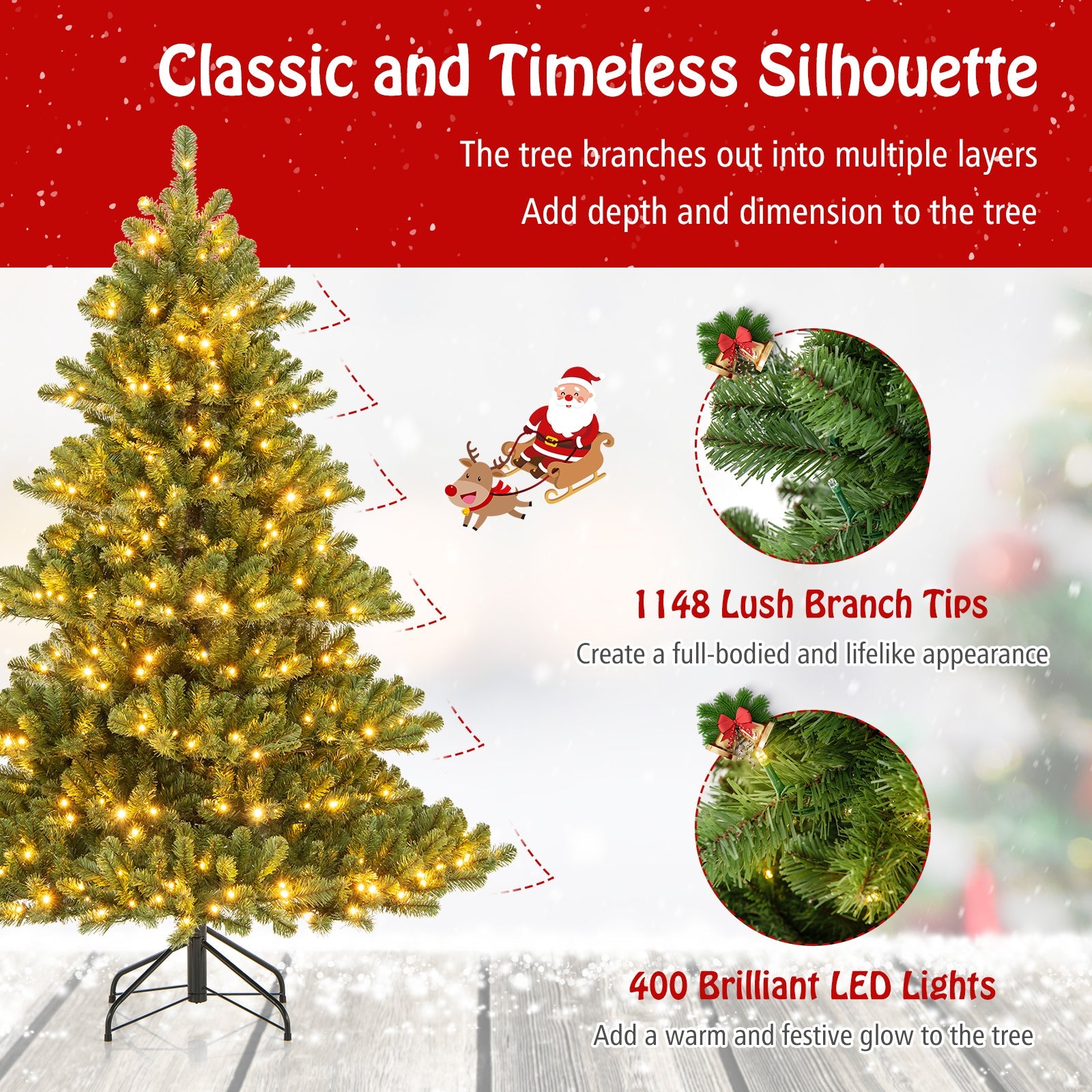180 CM Pre-Lit Artificial Christmas Tree, Hinged Xmas Full Tree w/ 3 Color Temperatures, 7 Modes, 400 Warm White LED Lights