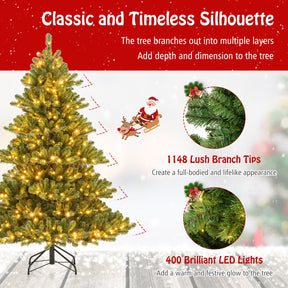 180 CM Pre-Lit Artificial Christmas Tree, Hinged Xmas Full Tree w/ 3 Color Temperatures, 7 Modes, 400 Warm White LED Lights