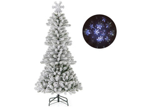 180 cm Artificial Xmas Tree, Flocked Christmas Tree with Lighted Snowflake Topper