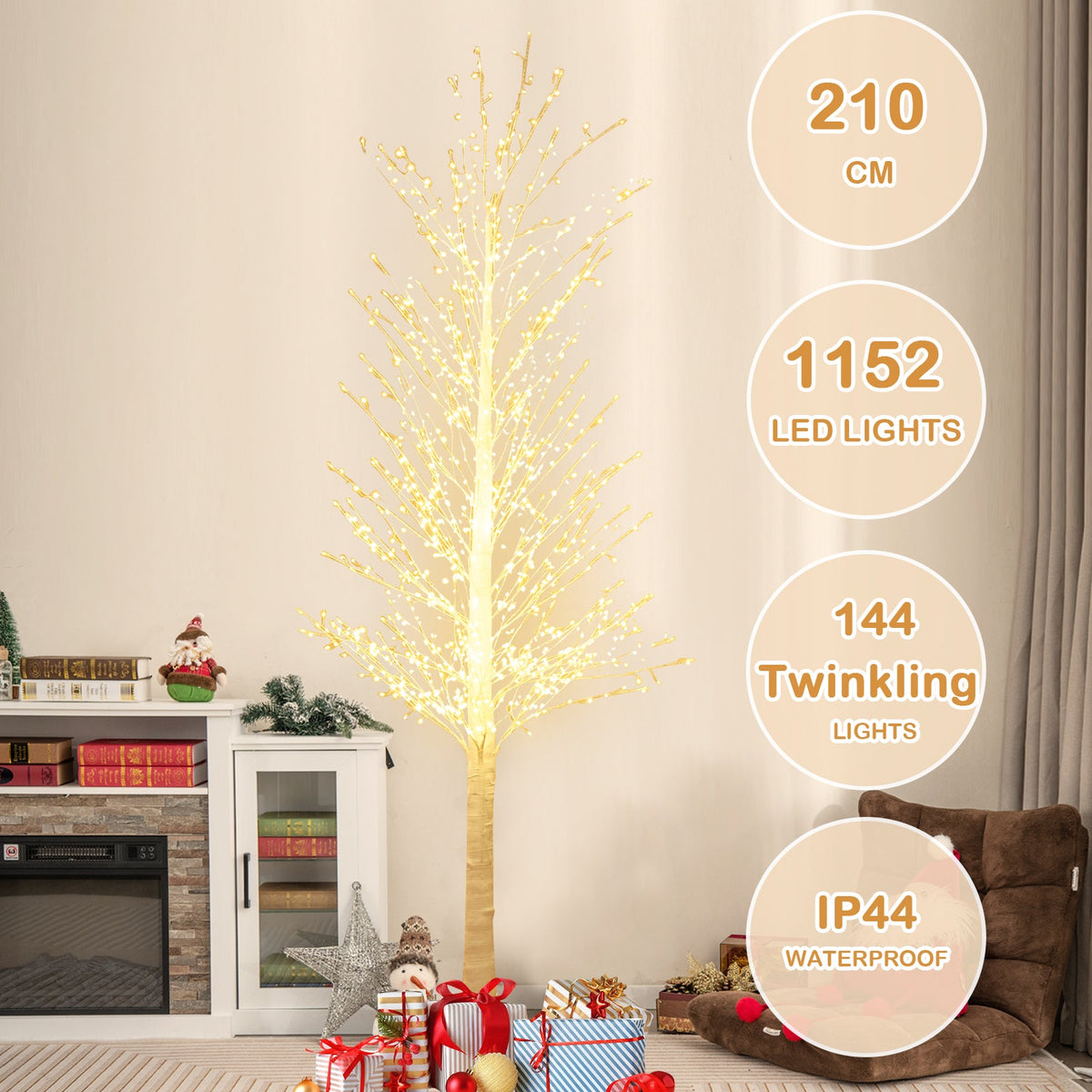 210 CM LED Lighted White Twig Tree, Birch Tree w/ 1008 Steady on Lights &144 Twinkle Star Lights for Indoor Outdoor