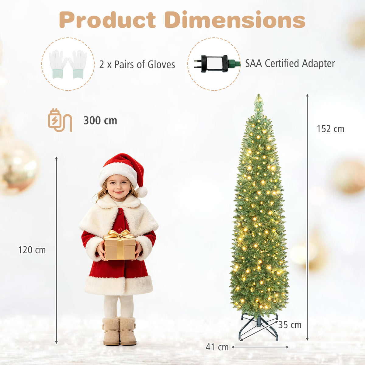 Hikidspace 1.5/1.8/2.1/2.4 M Pre-Lit Pencil Christmas Tree