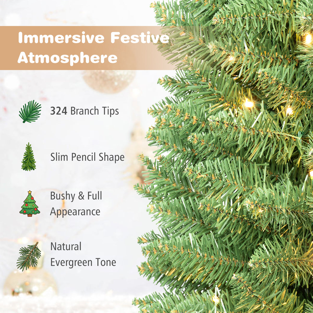 Hikidspace 1.5/1.8/2.1/2.4 M Pre-Lit Pencil Christmas Tree