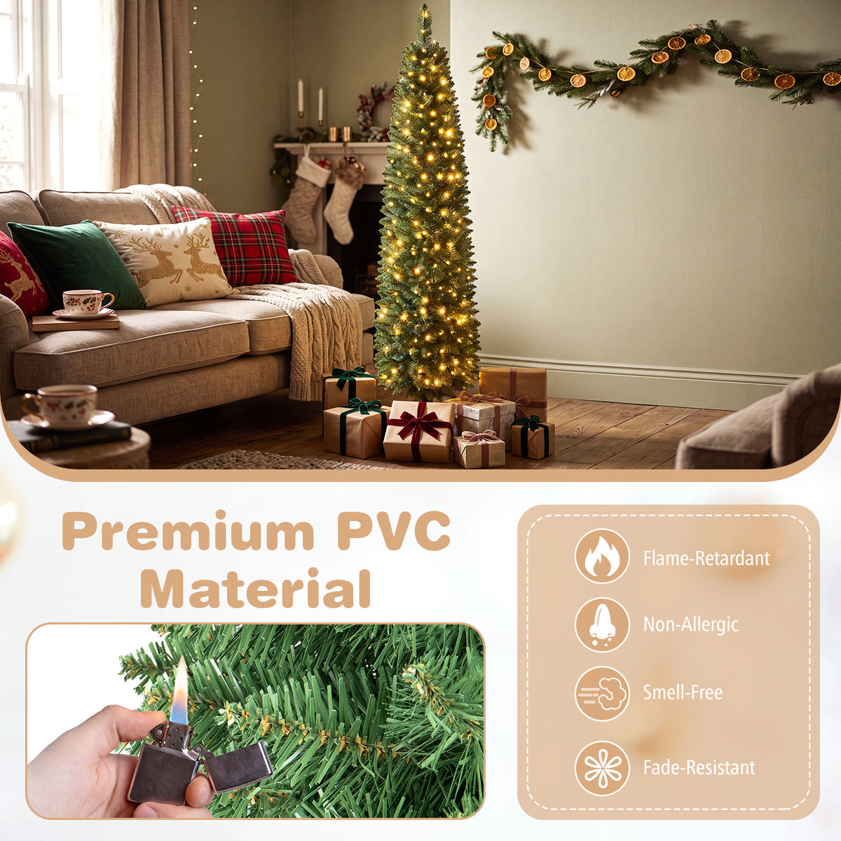 Hikidspace 1.5/1.8/2.1/2.4 M Pre-Lit Pencil Christmas Tree
