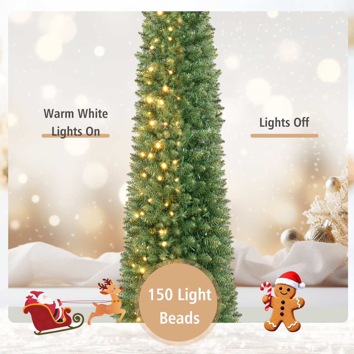 Hikidspace 1.5/1.8/2.1/2.4 M Pre-Lit Pencil Christmas Tree