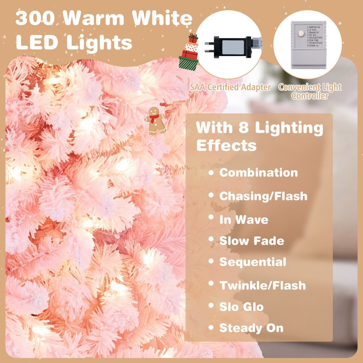 Hikidspace 2.1M Pre-Lit Artificial Hinged Christmas Tree with 8 Lighting Modes